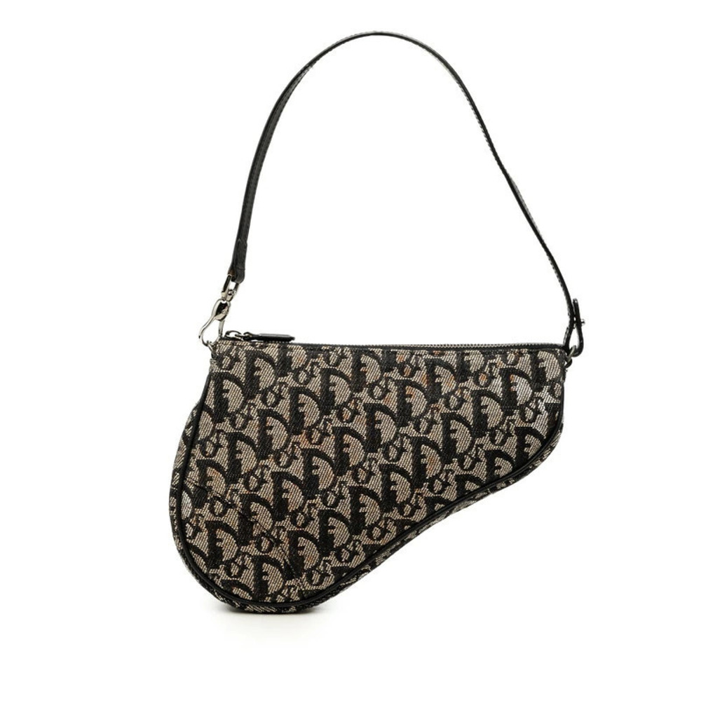 Christian Dior Trotter Saddle Bag Hobo Shoulder Bag Canvas Leather Beige Black